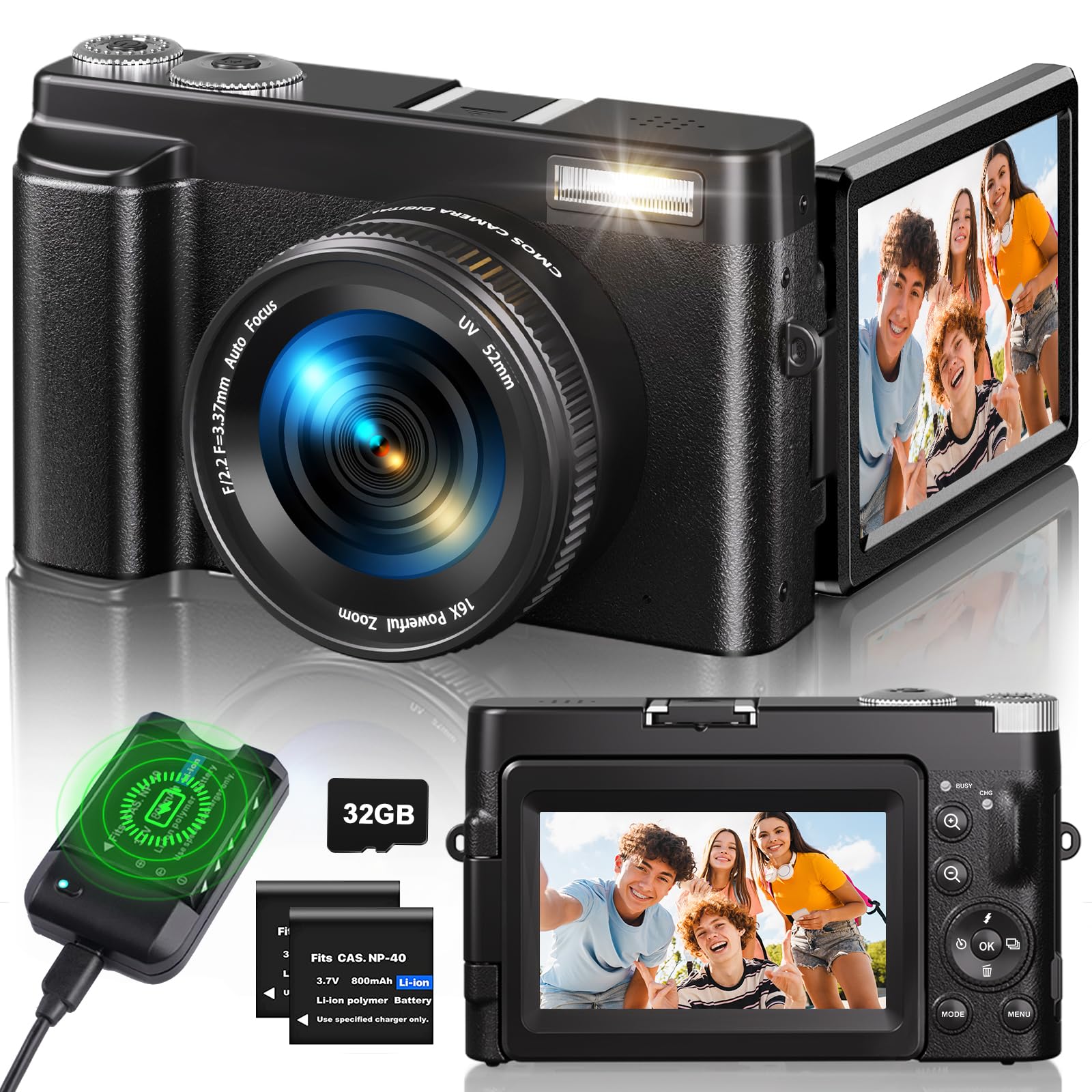 Digital Camera 4K, 48MP 16X Autofocus Digital Zoom Photo Camera, 3 Inch 180° Flip LCD Screen Compact Vlog Camera with Charging Station, 2 * 800 mAh Batteries, 32GB Card for Beginners, Children